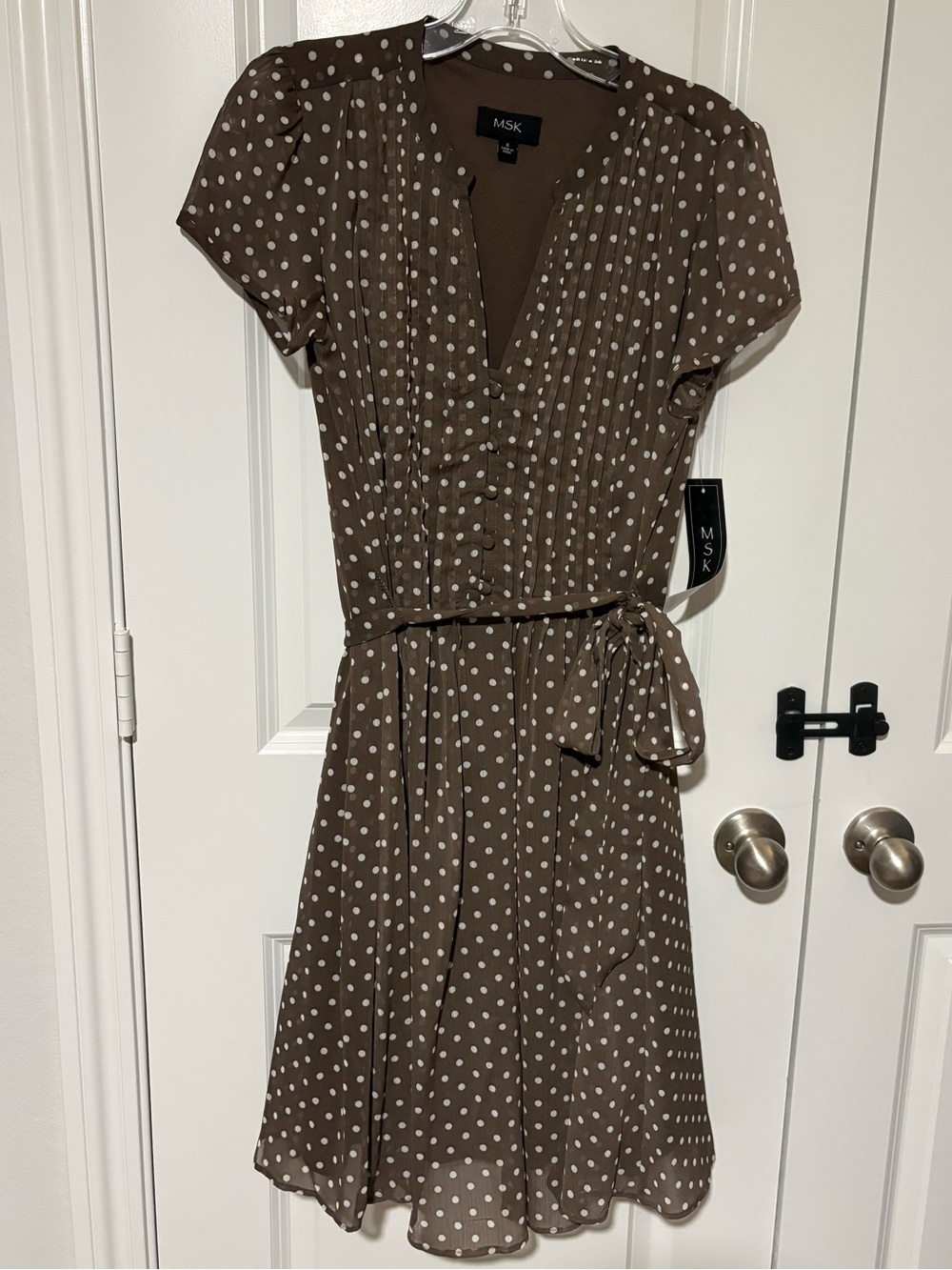 MSK Taupe & White Polka Dot Belted Dress Size 8 NWT